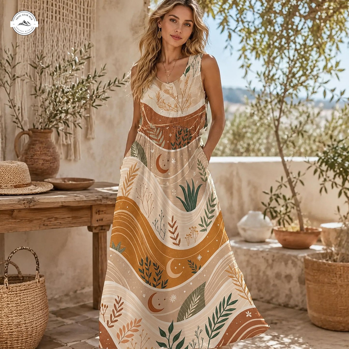 Earthy Celestial Botanical Women’s Sleeveless Maxi Dress LV04