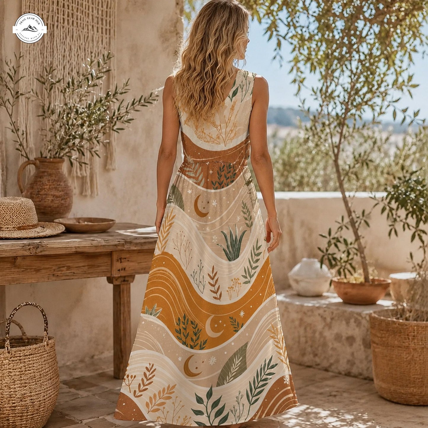Earthy Celestial Botanical Women’s Sleeveless Maxi Dress LV04