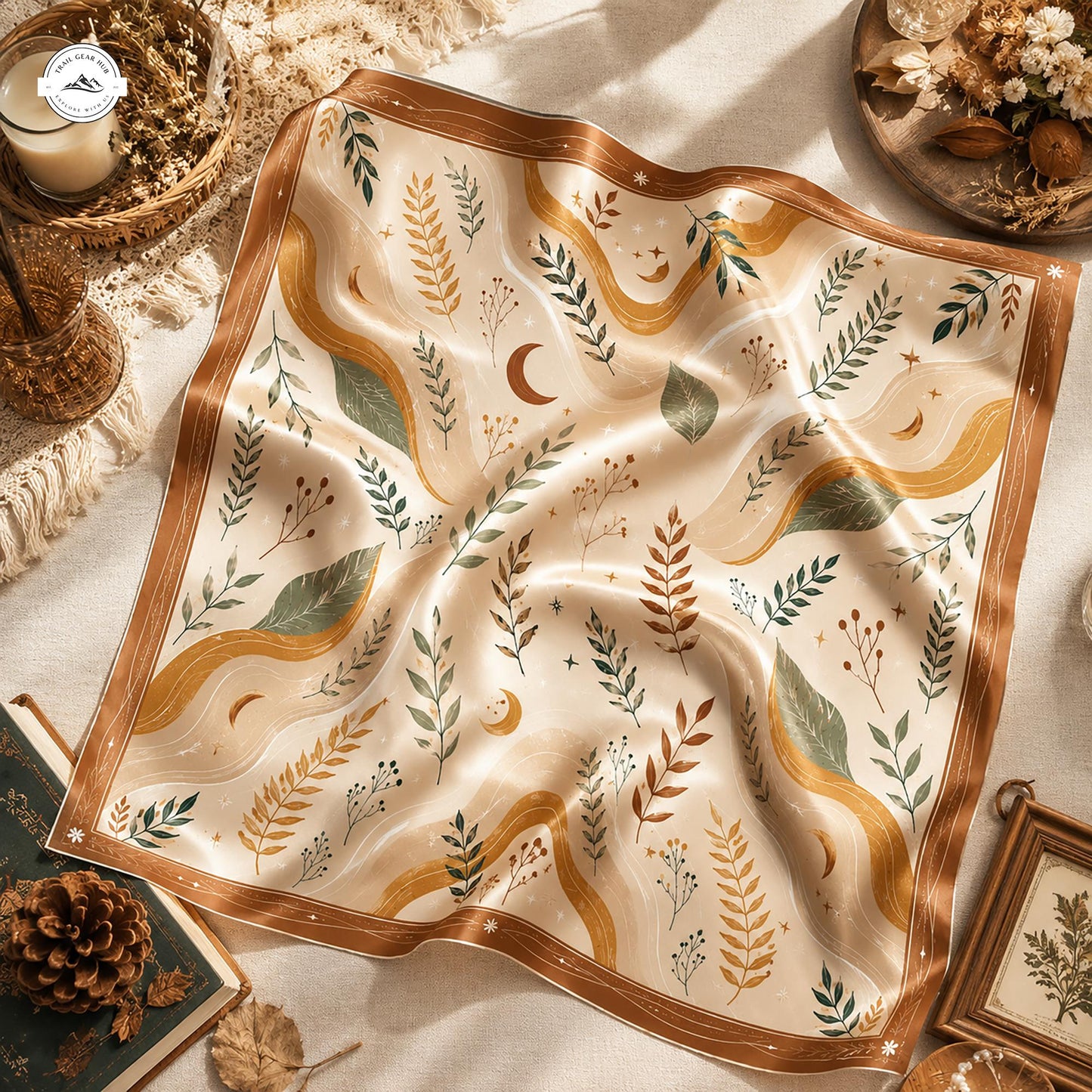 Earthy Celestial Botanical Satin Square Scarf LV04SSBD