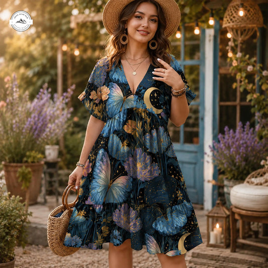 Boho Butterfly and Moon Print Women’s Flowy V Neck Dress LV08