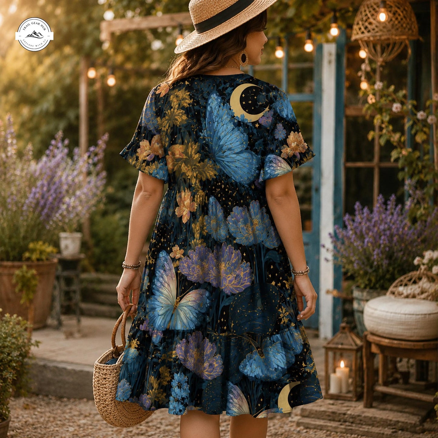 Boho Butterfly and Moon Print Women’s Flowy V Neck Dress LV08