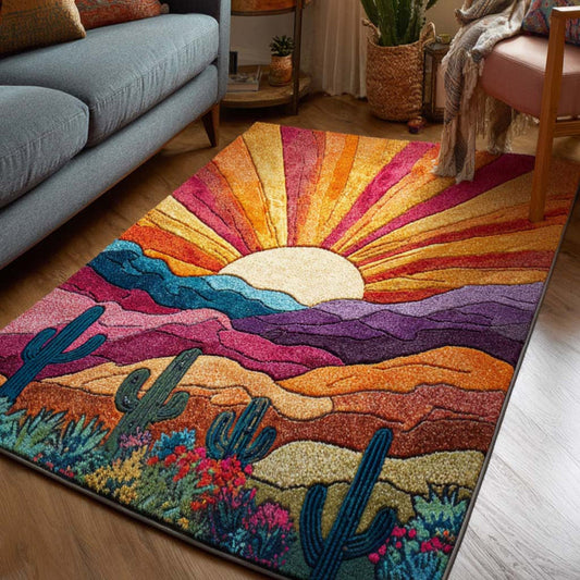 Retro Desert Sunset Cactus Area Rug QV04