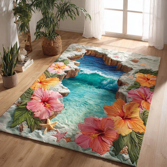 Tropical Hibiscus & Ocean Wave Area Rug QV07