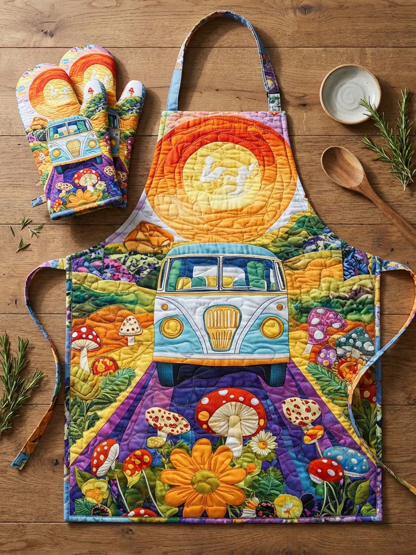 Boho Mushroom & Camper Van Quilt Apron and Gloves  QV02