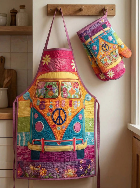 Retro Peace & Love Bus Quilt Apron and Gloves  QV03