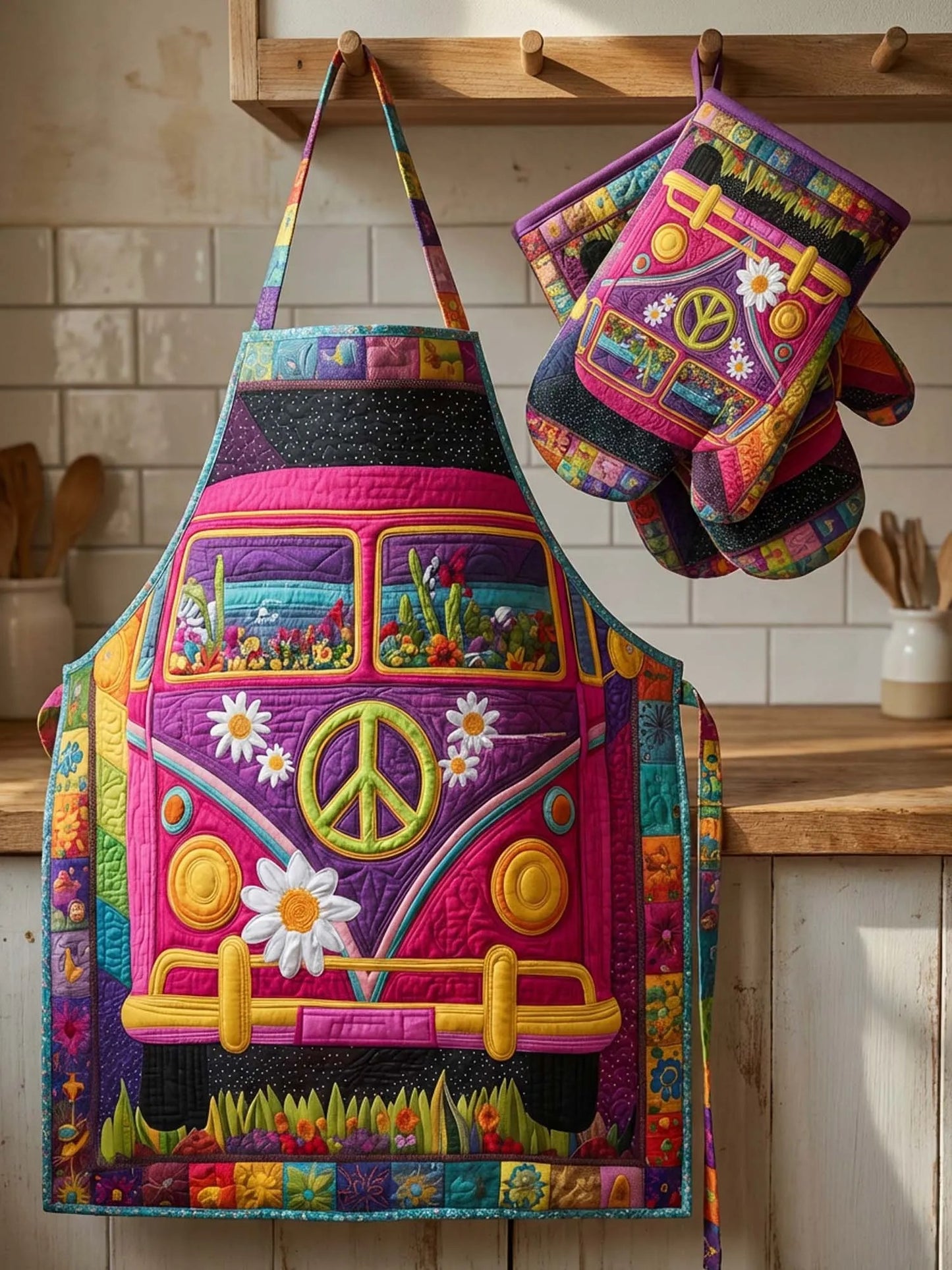 Pink Hippie Bus Quilt Apron and Gloves  QV04