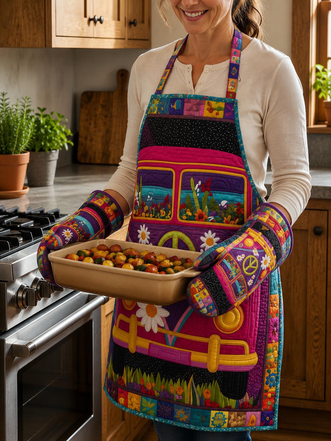 Pink Hippie Bus Quilt Apron and Gloves  QV04