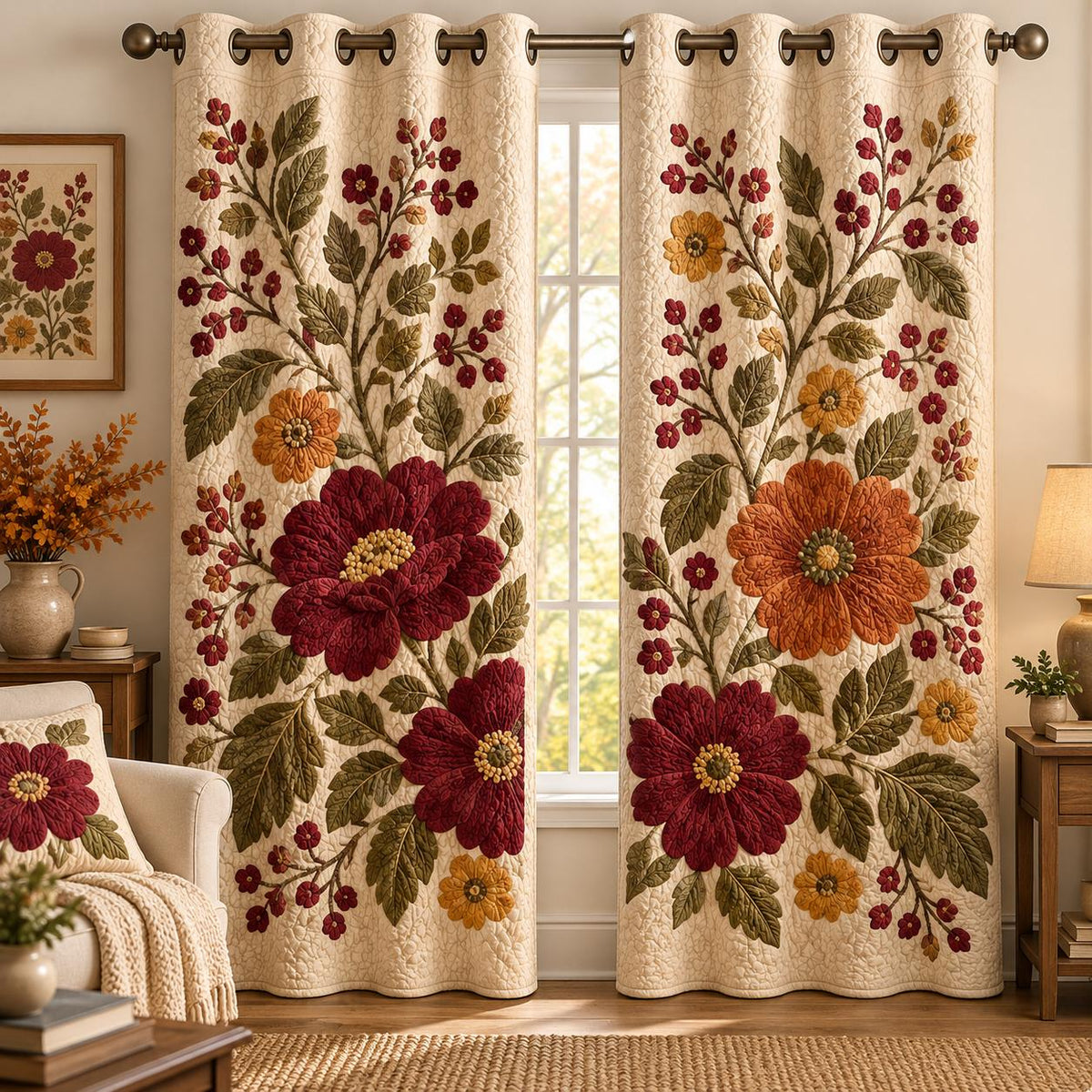 Vintage Floral Tufted Grommet Curtains QV106GRMCT