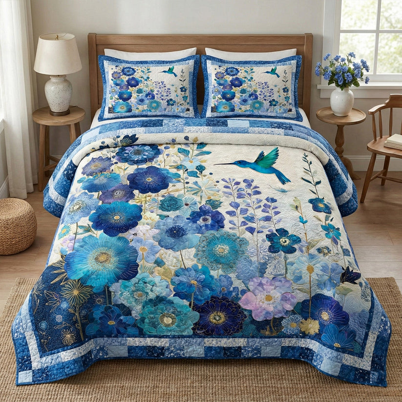 Blue Meadow Quilted Bedding Set QV22