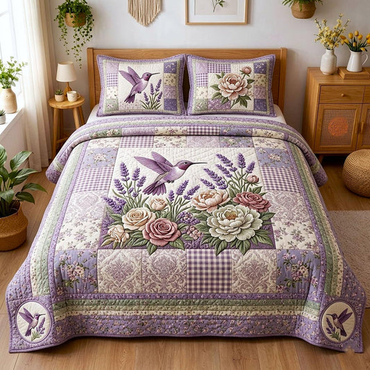 Hummingbird and Lavender Patchwork Quilted Bedding Set QV36