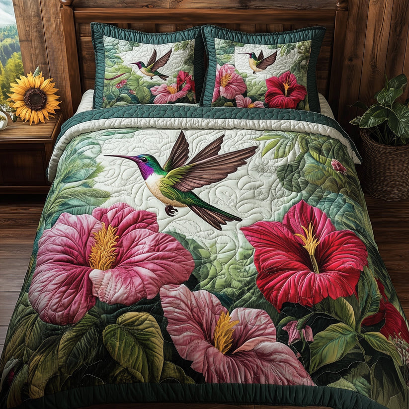 Hummingbird and Hibiscus Floral Quilted Bedding Set QV39