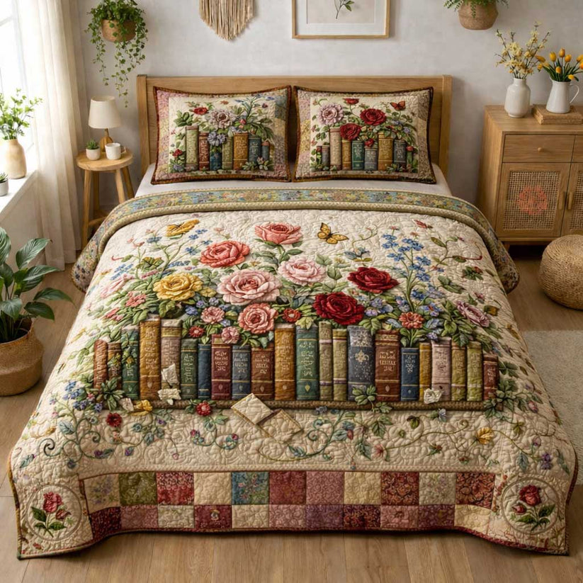 Vintage Books and Flowers Quilted Bedding Set QV40