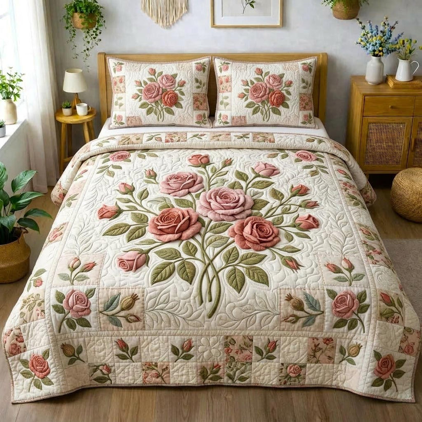 Rose Bloom Quilted Bedding Set QV50