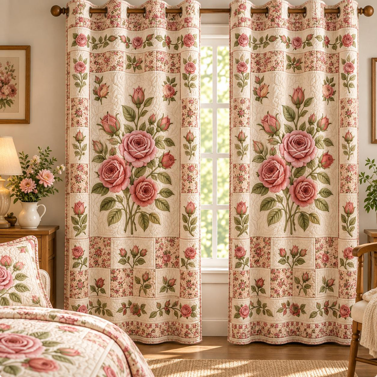 Rose Bloom Grommet Curtains QV50GRMCT