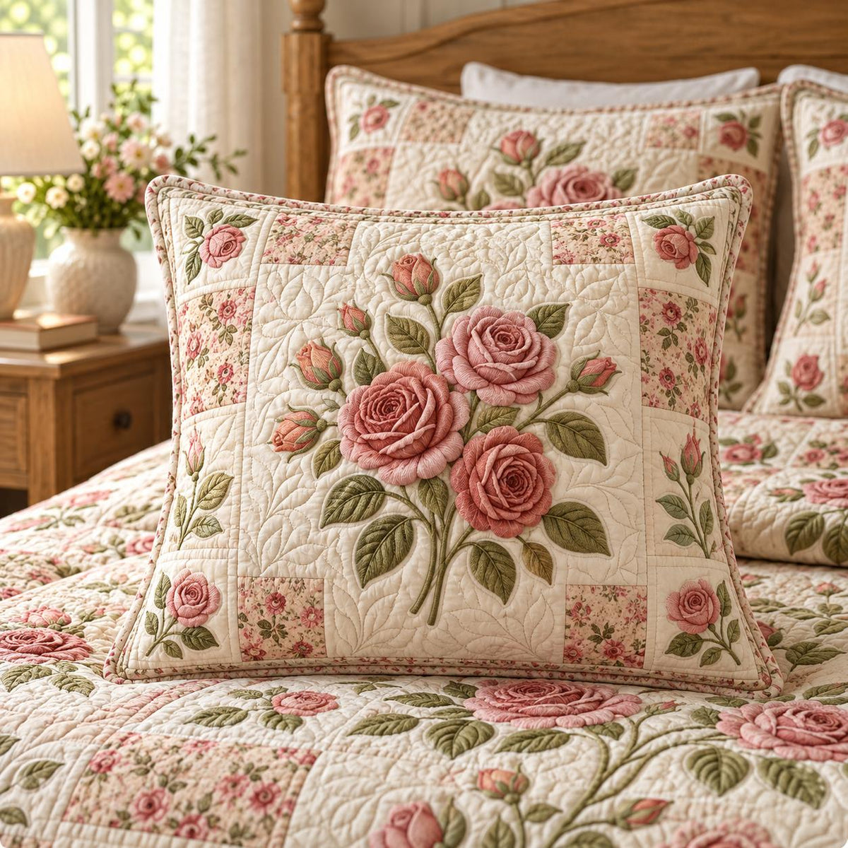 Rose Bloom Quilted Pillow Cover QV50QLTPLC