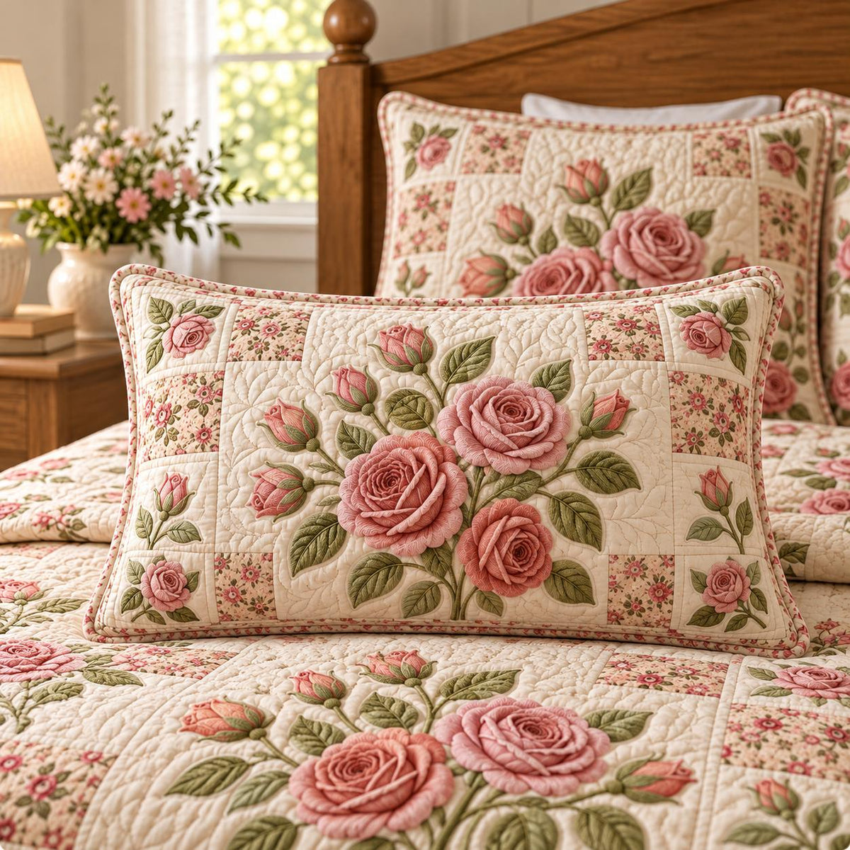 Rose Bloom Quilted Pillow Cover QV50QLTPLC