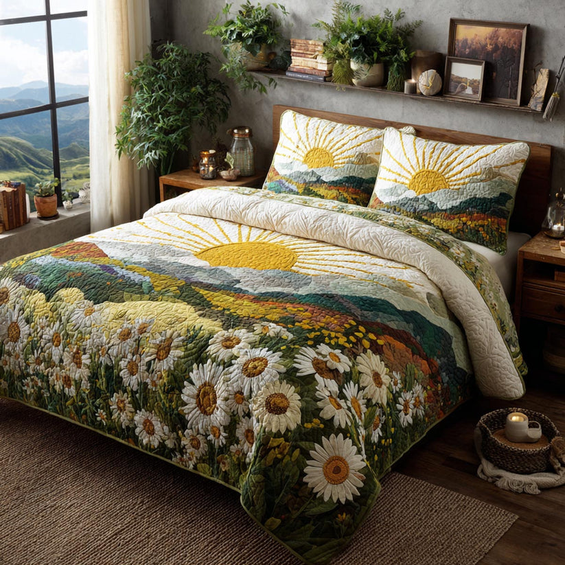 Boho Sun and Daisy Wildflower Quilted Bedding Set QV57