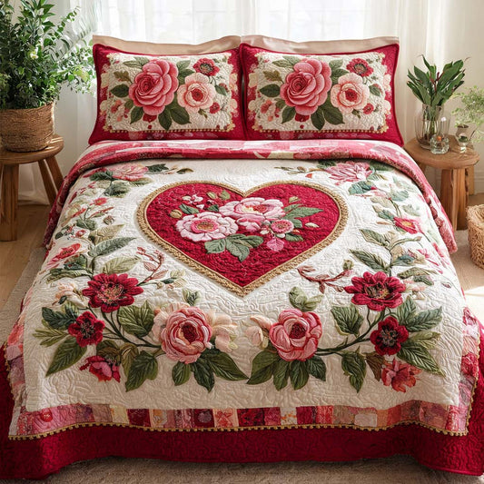 Vintage Rose Heart Quilted Bedding Set QV58