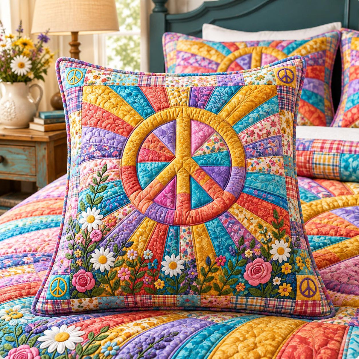 Rainbow Bloom Quilted Pillow Cover QV61QLTPLC