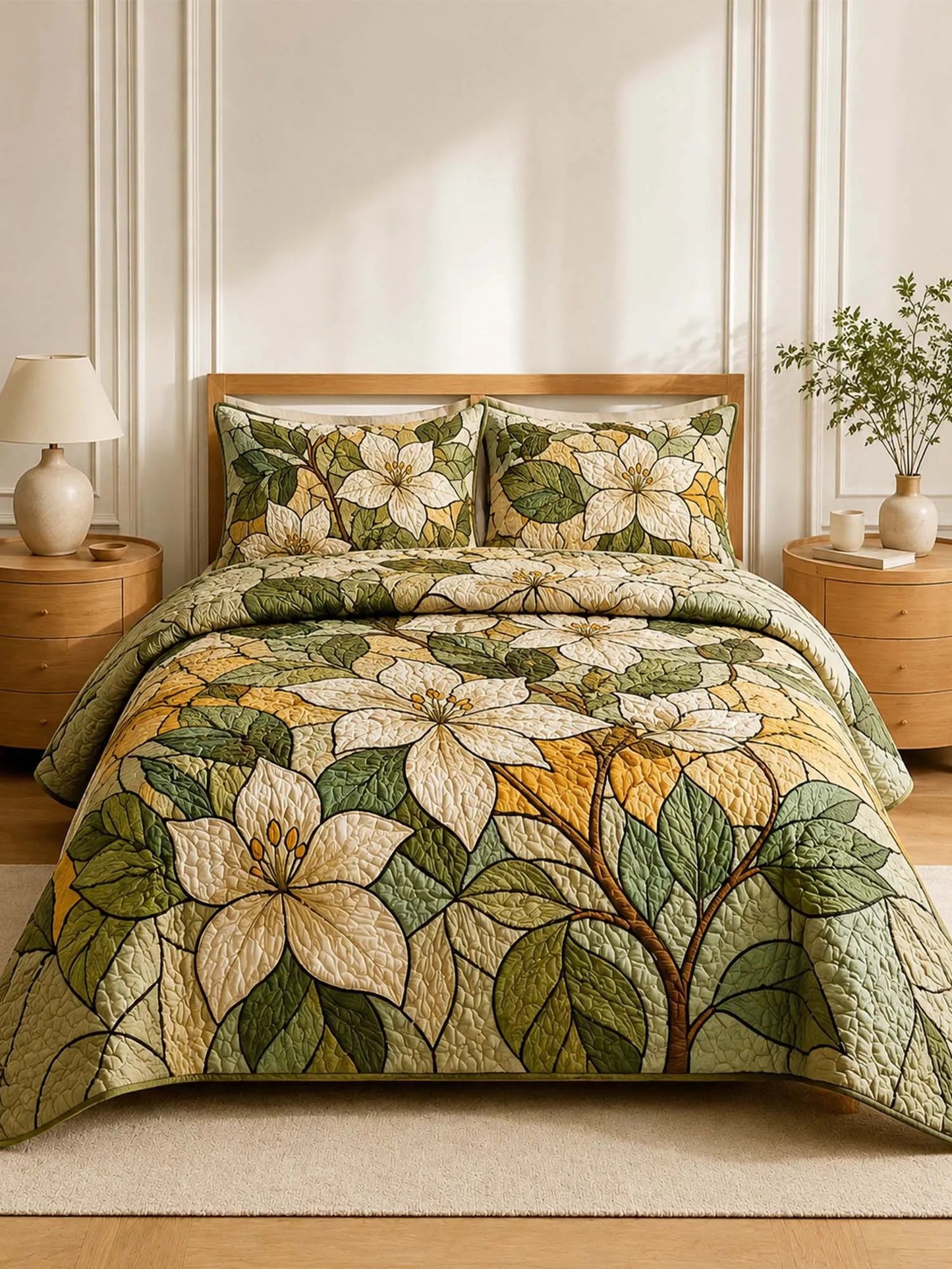 Ivory Magnolia Quilted Bedding Set QV72