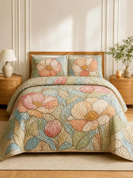 Blush Garden Floral Quilted Bedding Set QV73