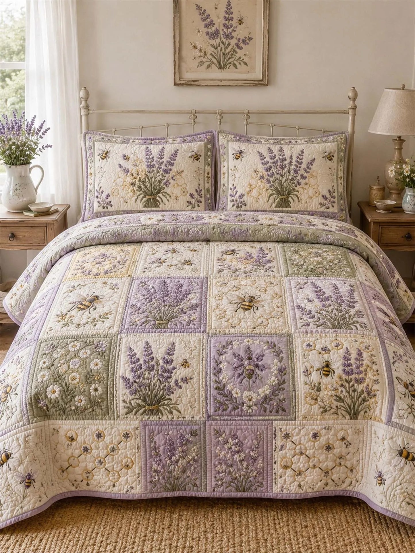 Lavender Bee Quilted Bedding Set QV78