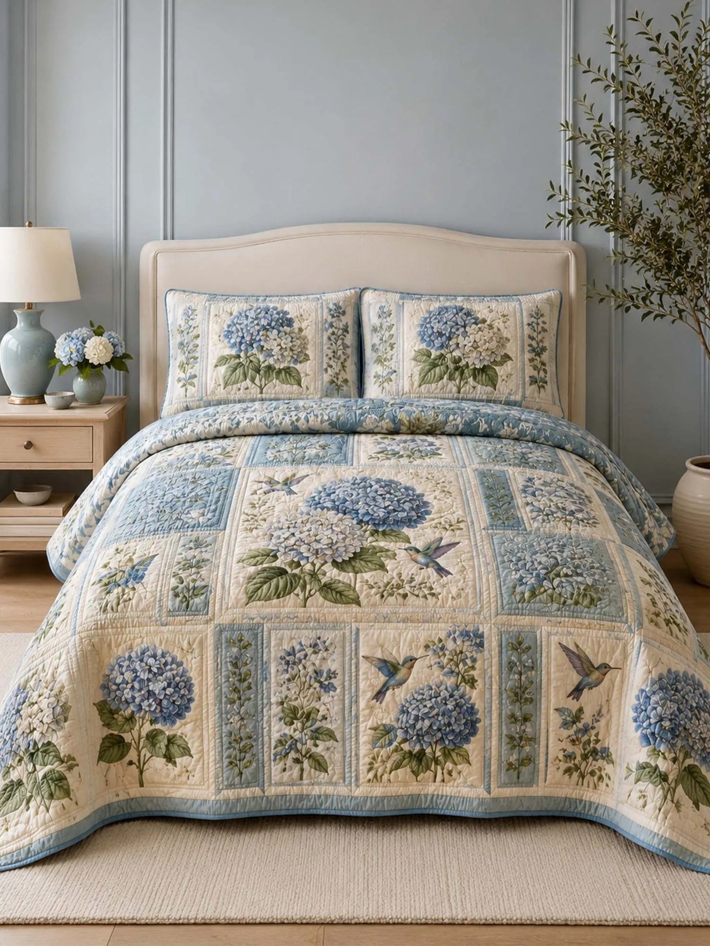 Blue Hydrangea Quilted Bedding Set QV79