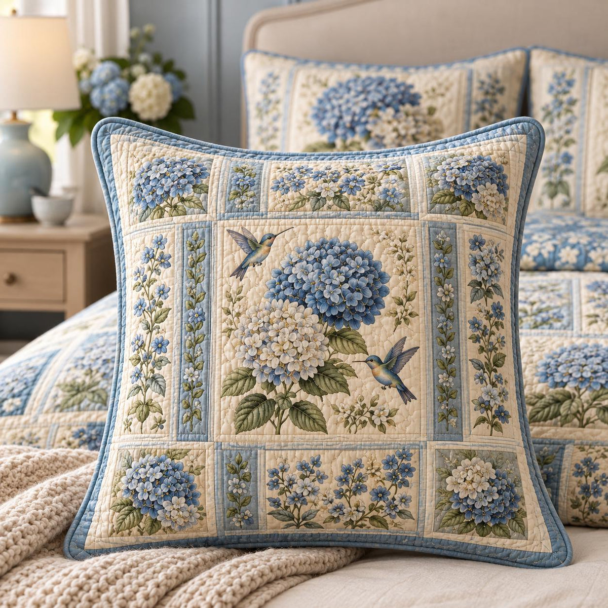 Blue Hydrangea Quilted Pillow Cover QV79QLTPLC