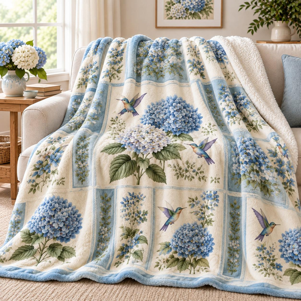 Blue Hydrangea Sherpa Blanket QV79SPBLK
