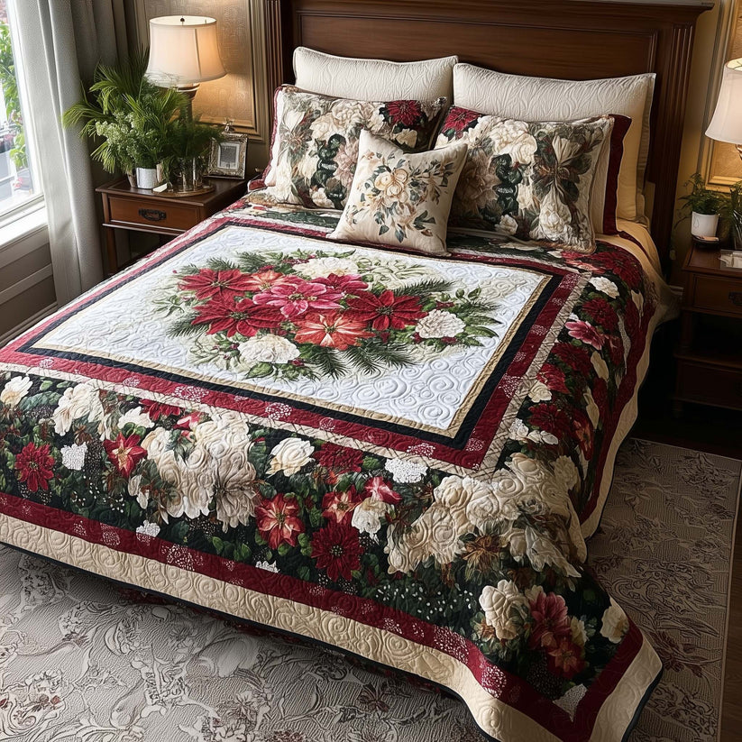 Poinsettia Floral Christmas Quilted Bedding Set QV88