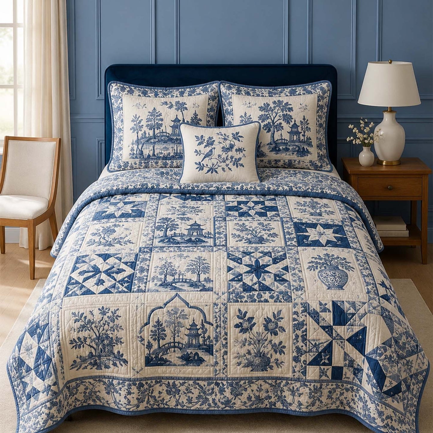 Blue & White Chinoiserie Patchwork Quilted Bedding Set QV92