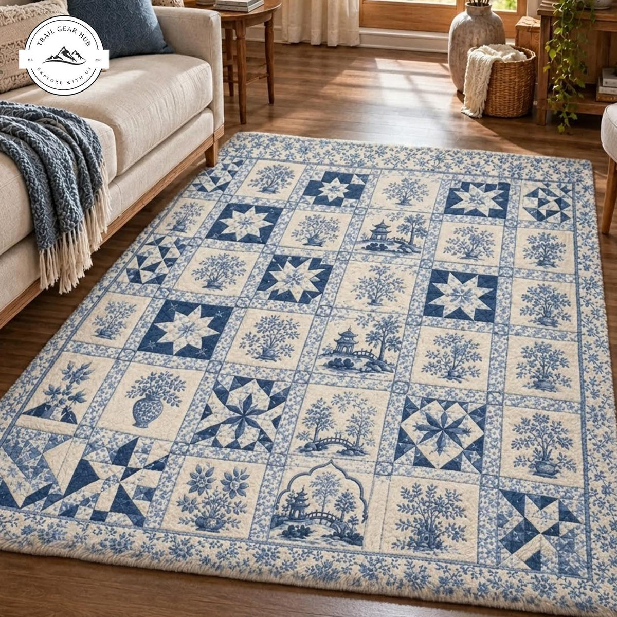 Blue & White Chinoiserie Patchwork Faux Cashmere Area Rug QV92FCARUG