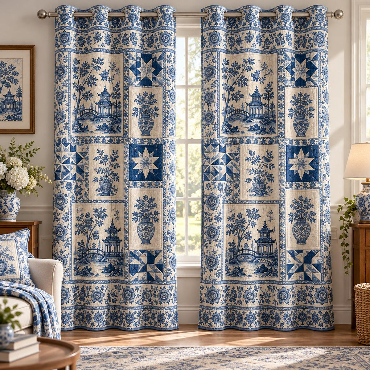 Blue & White Chinoiserie Patchwork Grommet Curtains QV92GRMCT