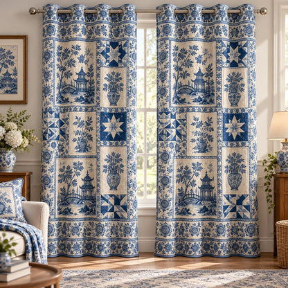 Blue & White Chinoiserie Patchwork Quilted Curtains QV92QLTCT