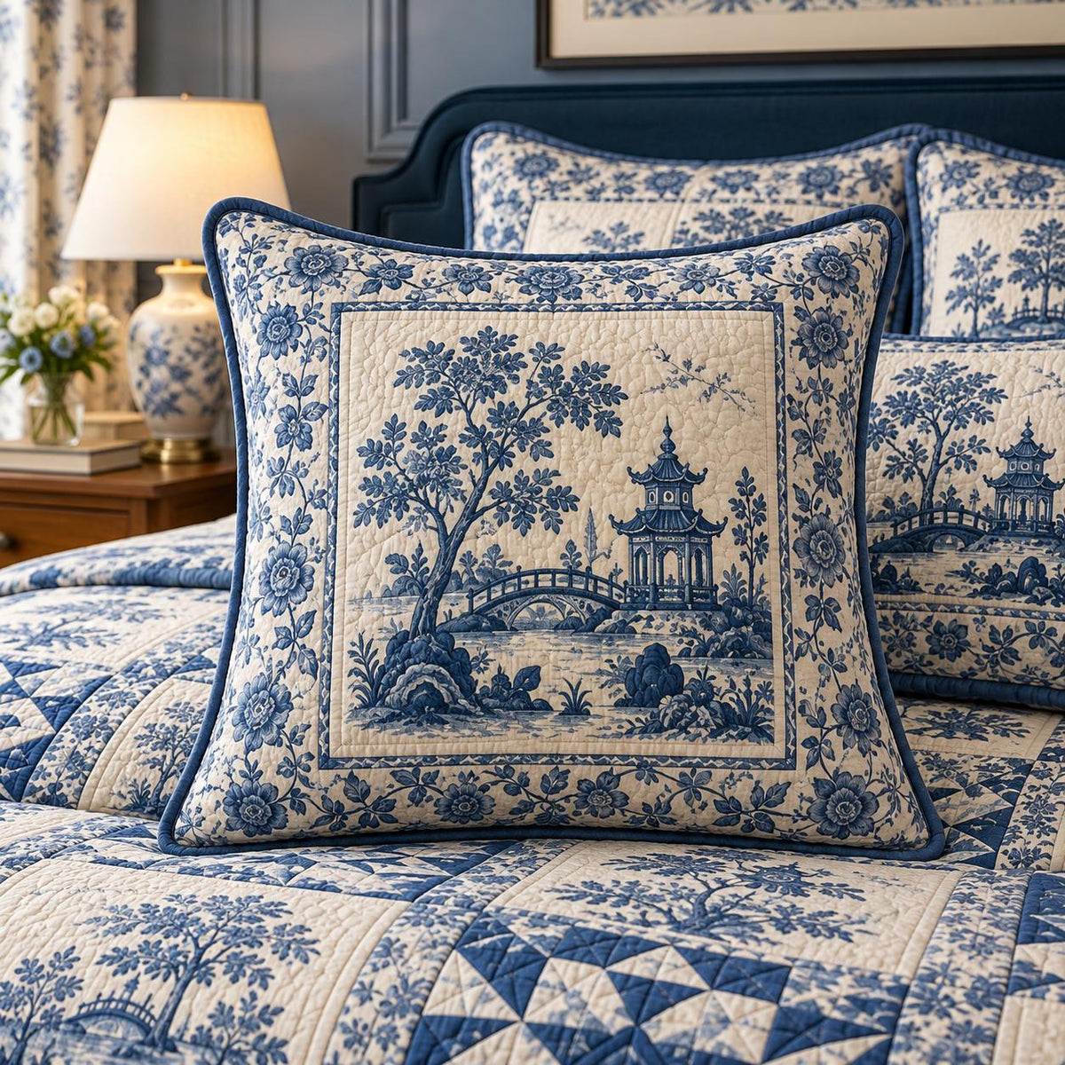 Blue & White Chinoiserie Patchwork Quilted Pillow Cover QV92QLTPLC