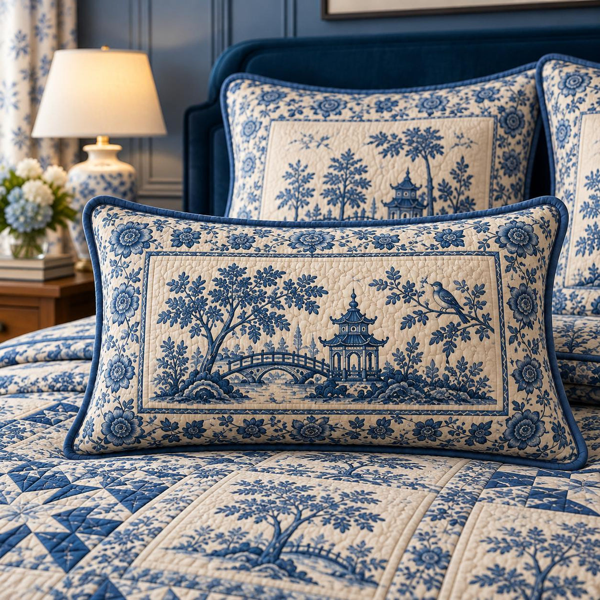 Blue & White Chinoiserie Patchwork Quilted Pillow Cover QV92QLTPLC