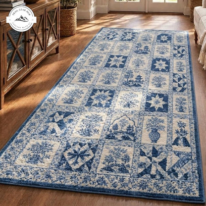 Blue & White Chinoiserie Patchwork Plush Runner Rug QV92RUGHN117