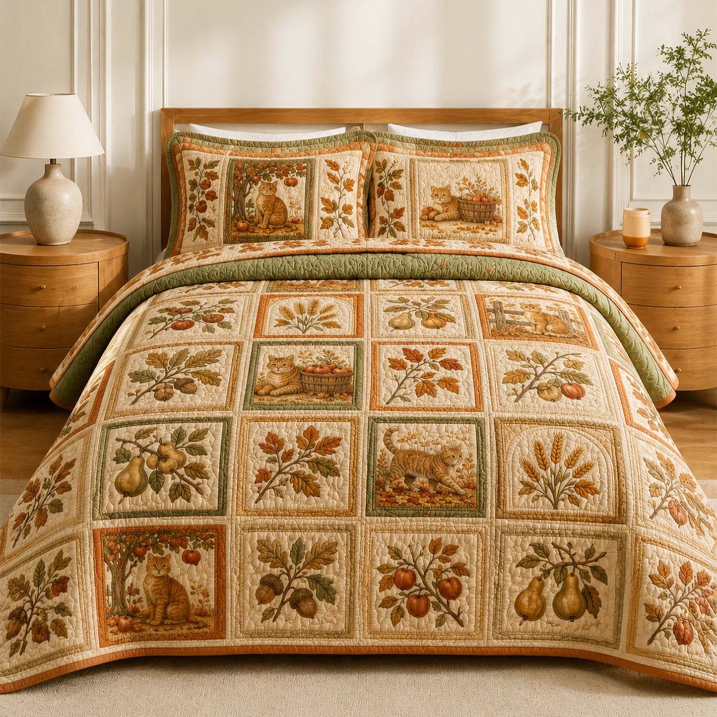Fall Harvest Cat Patchwork Quilted Bedding Set QV97