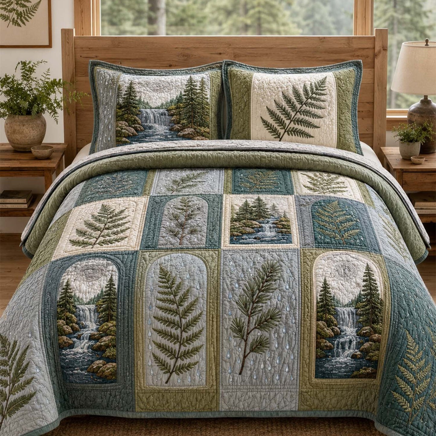 Forest Fern & Waterfall Quilted Bedding Set QV99