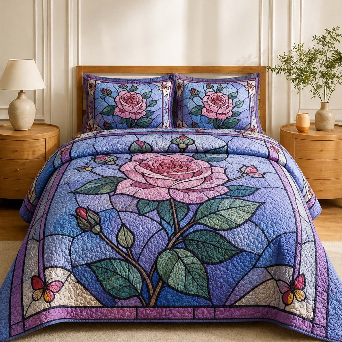 Stained Glass Rose Quilted Bedding Set QV100