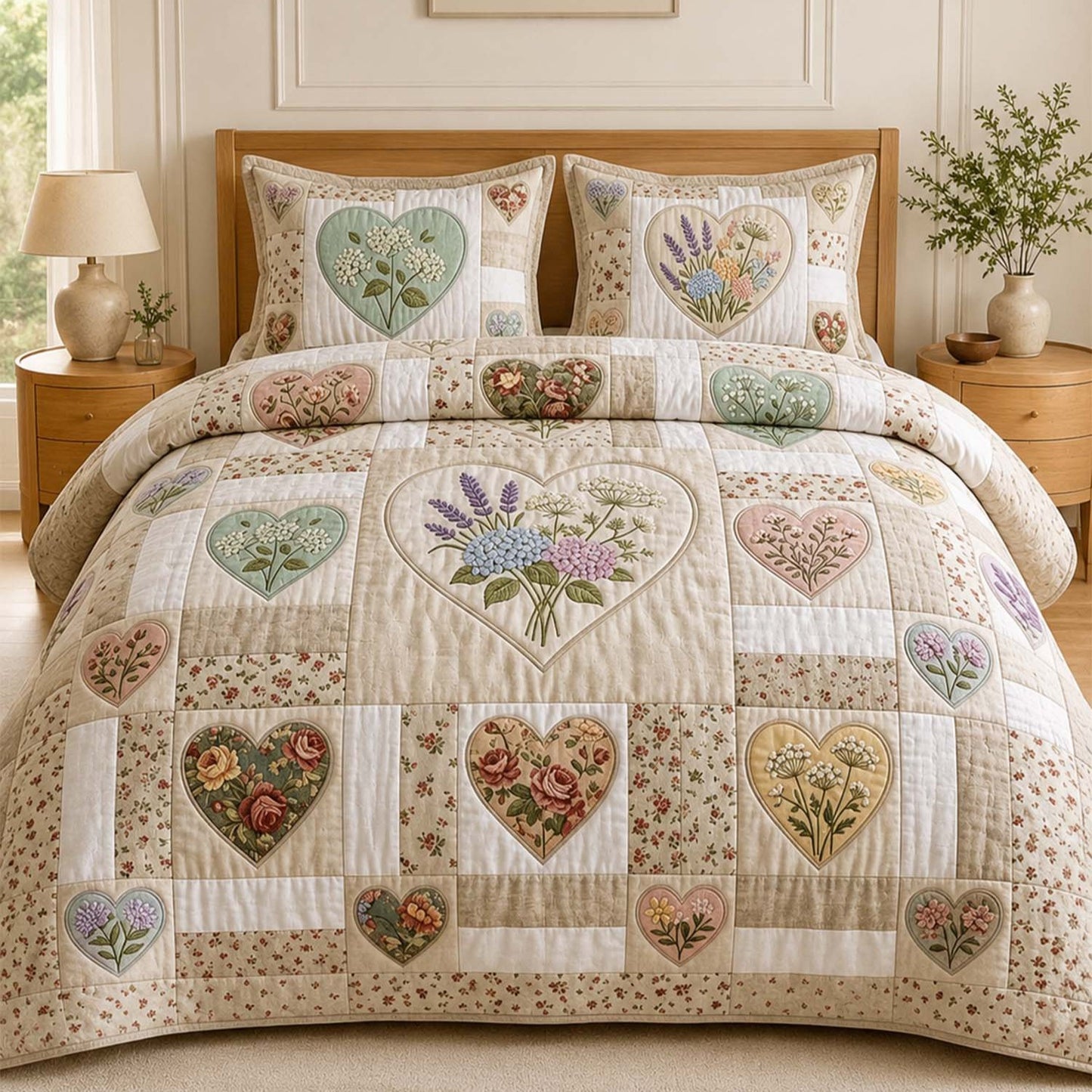 Botanical Floral Heart Patchwork Quilted Bedding Set QV101
