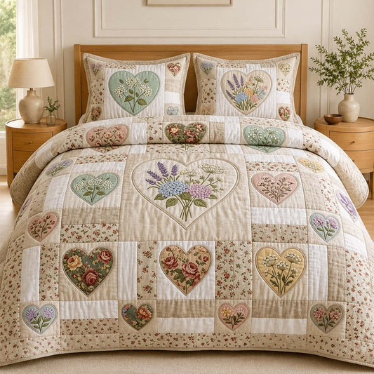 Botanical Floral Heart Patchwork Quilted Bedding Set QV101