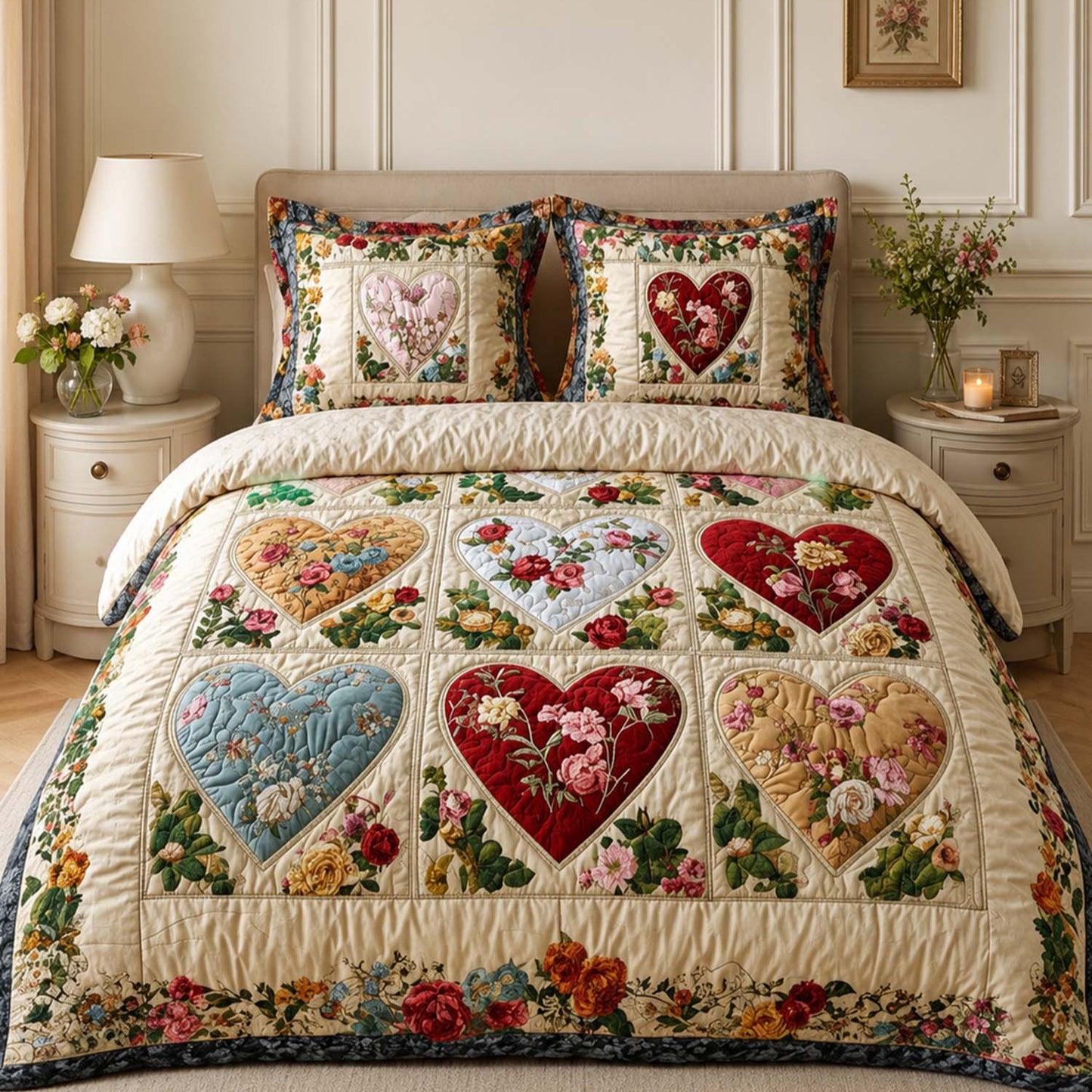 Vintage Floral Heart Patchwork Quilted Bedding Set QV103