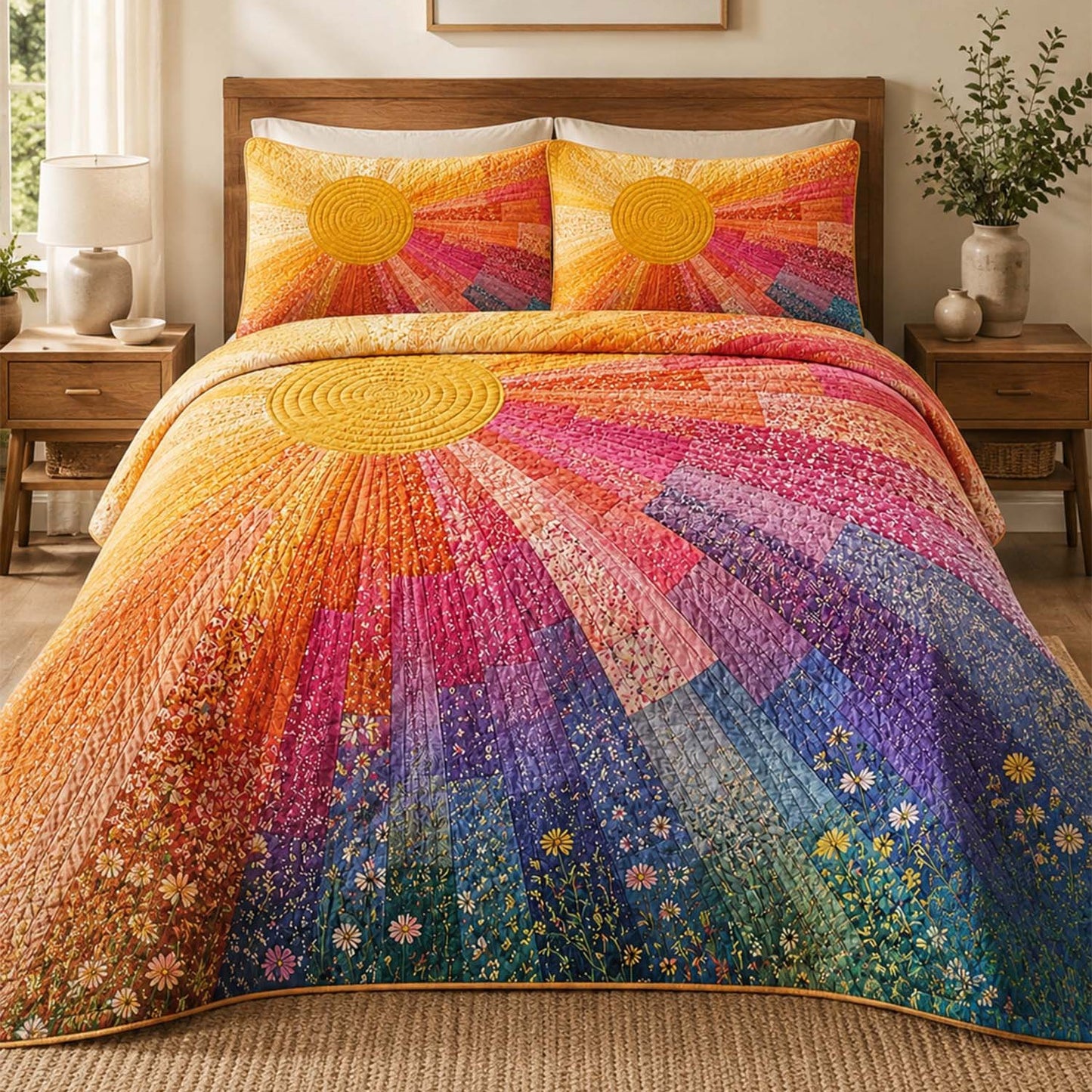 Colorful Sunburst Patchwork Quilted Bedding Set QV104
