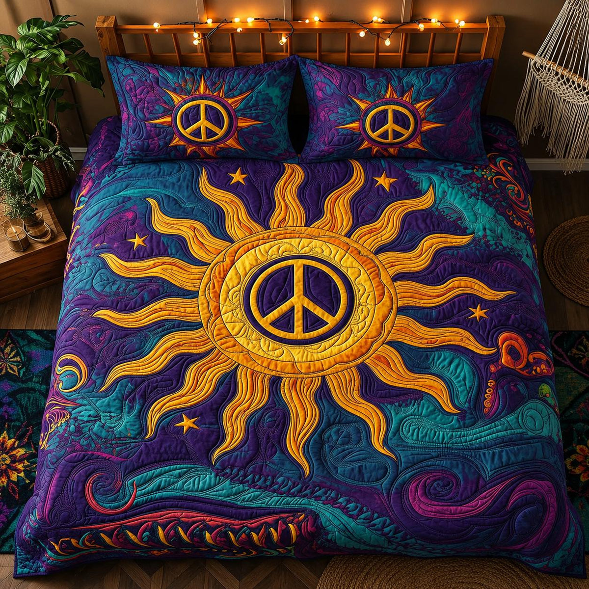 Celestial Sun Peace Sign Quilted Bedding Set QV107