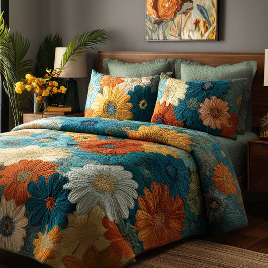 Bohemian Teal Floral Quilted Bedding Set QV112