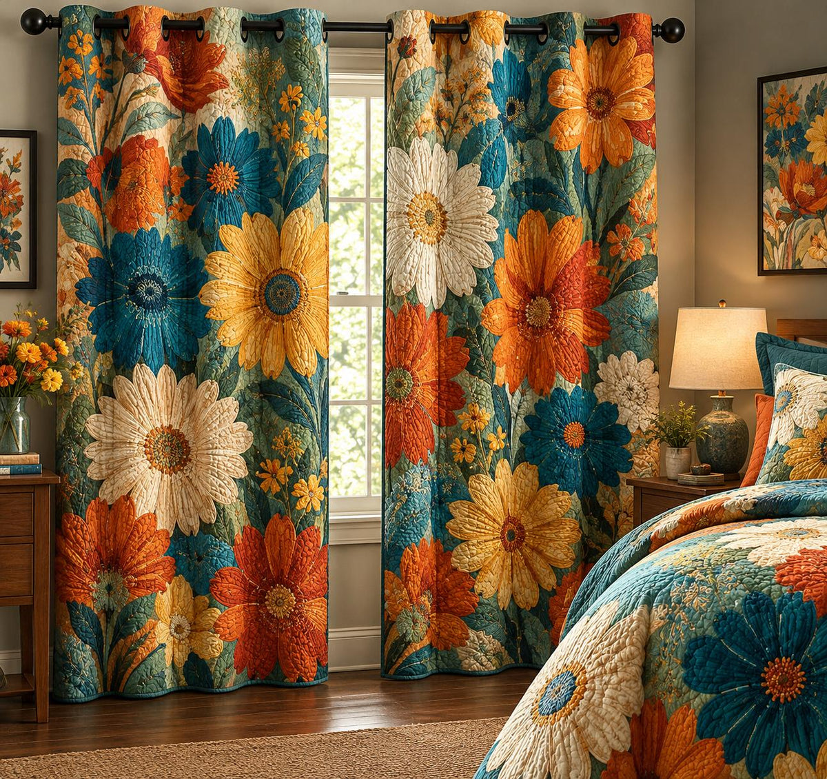 Bohemian Teal Floral Quilted Curtains QV112QLTCT