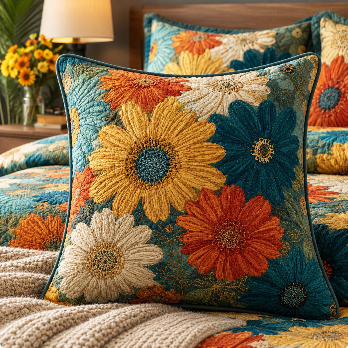 Bohemian Teal Floral Quilted Pillow Cover QV112QLTPLC