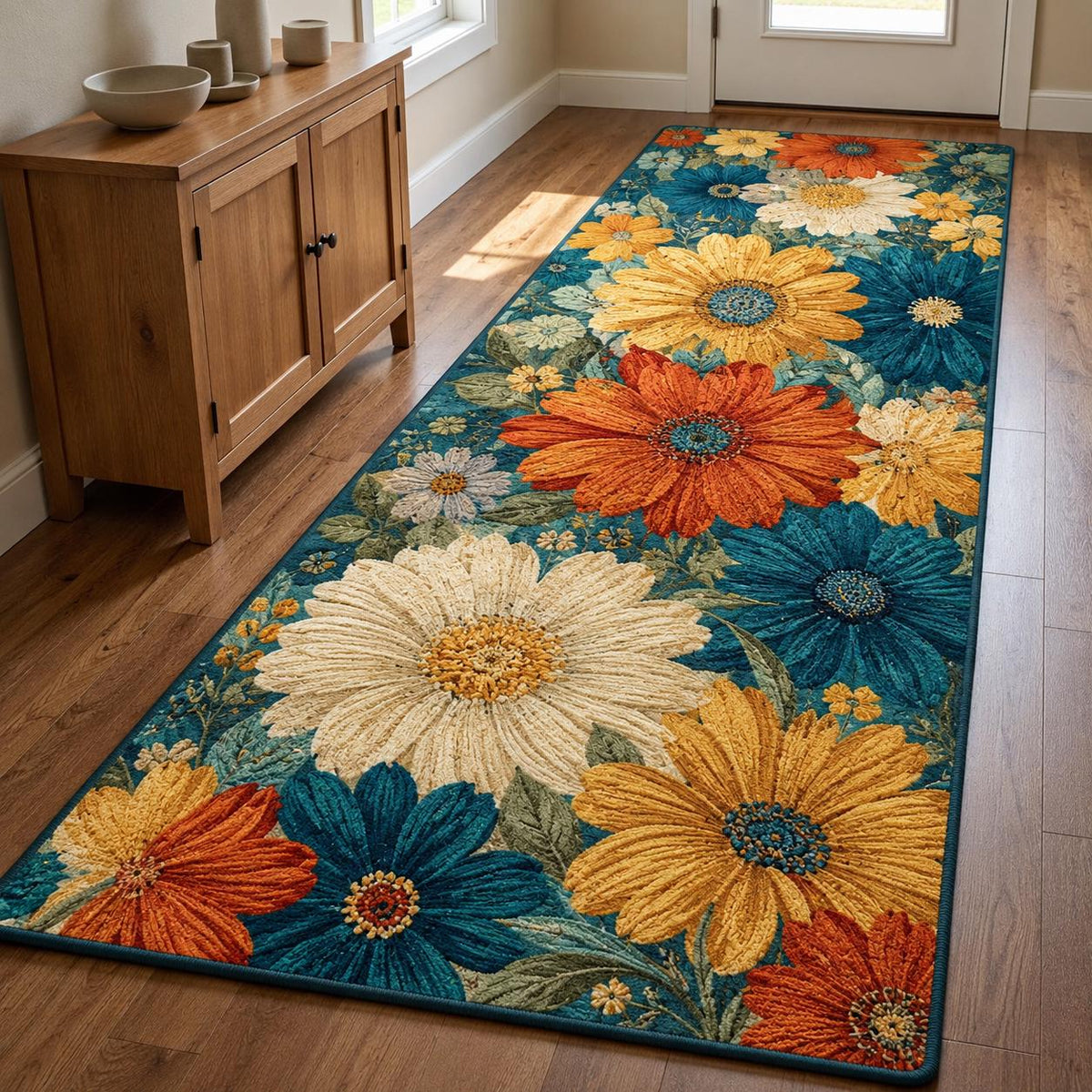 Bohemian Teal Floral Plush Runner Rug QV12RUGHN117
