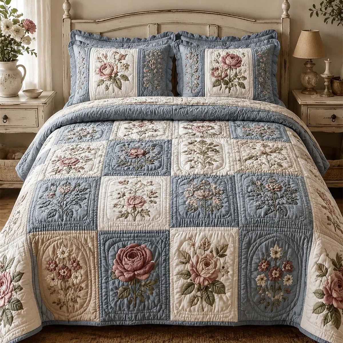 Blue & Cream Rose Quilted Bedding Set QV122